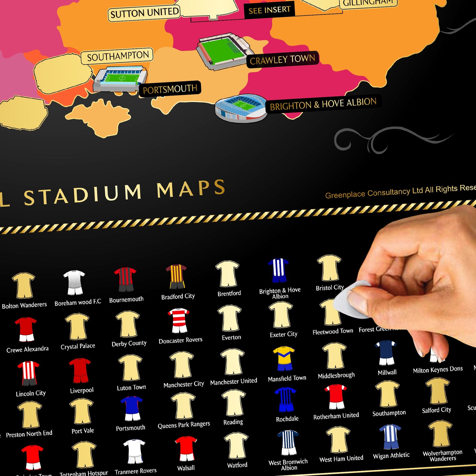 Map of stadiums with team logos and a hand pointing to a specific stadium.