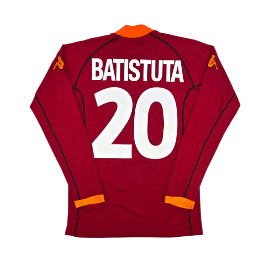 Maroon 2001/02 Roma Home jersey with 'Batistuta 20' on the back, featuring orange accents.
