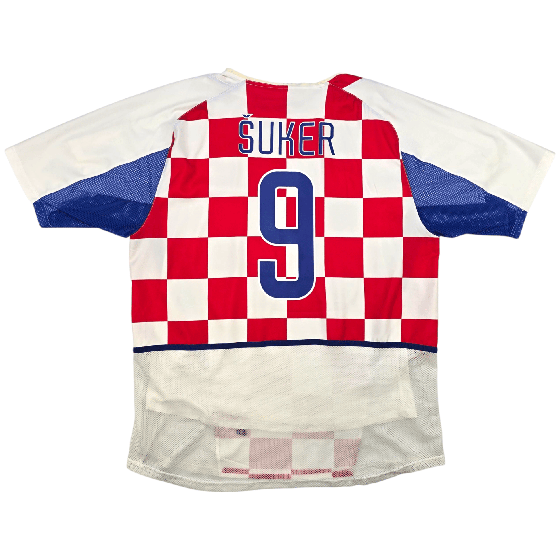 Soccer jersey with red and white checkered pattern, blue sleeves, and 'Suker' name and number '9'.