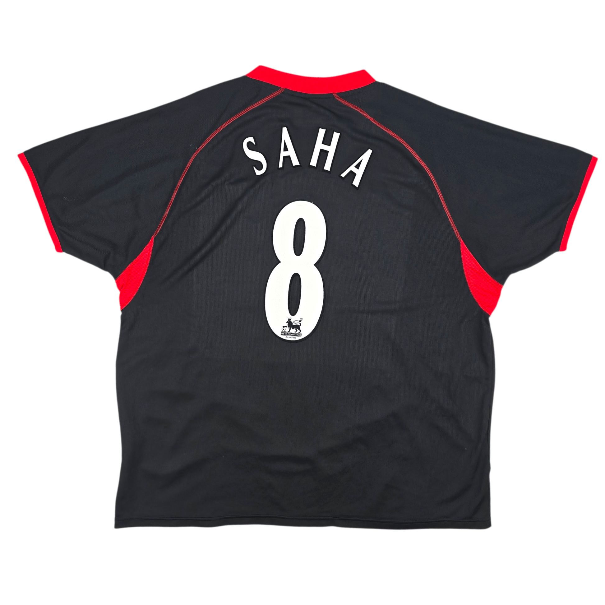 Black sports jersey with red accents and 'Saha 8' printed on the back, on a white background