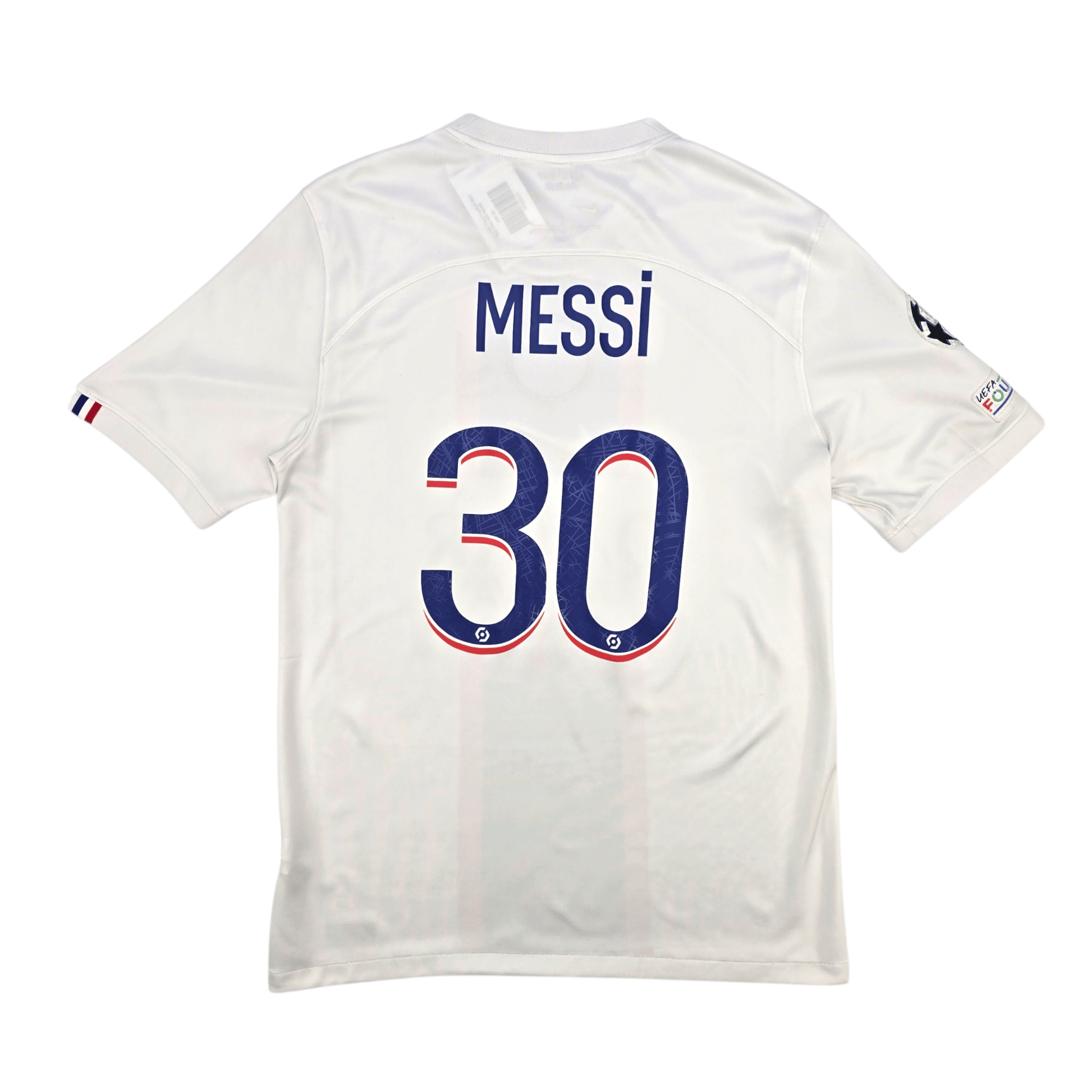 White soccer jersey with 'Messi 30' printed on the back