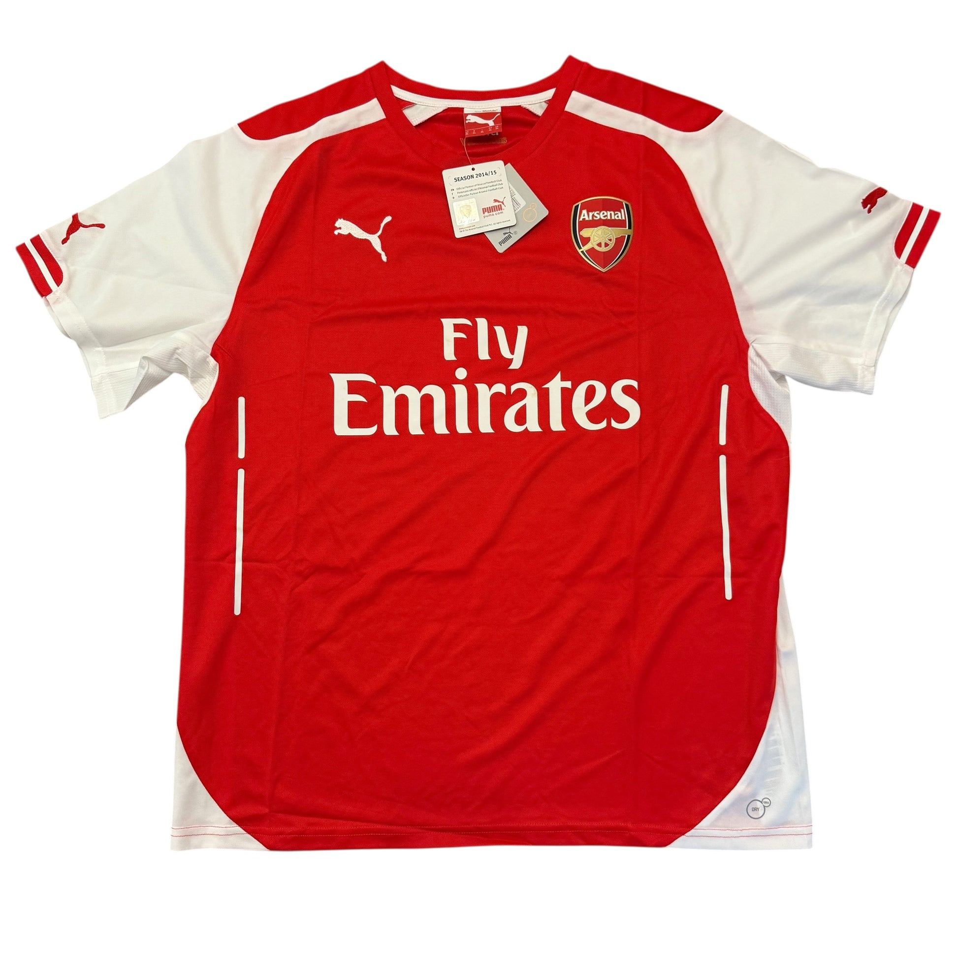 Red and white sports jersey with Emirates logo on a white background. The Arsenal 2014/2015 Home Shirt -