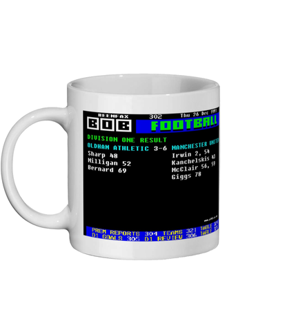 Oldham 3- 6 Manchester United FA Cup Semi Final 1991 Mug Page 302 Ceefax style - a white mug with black print