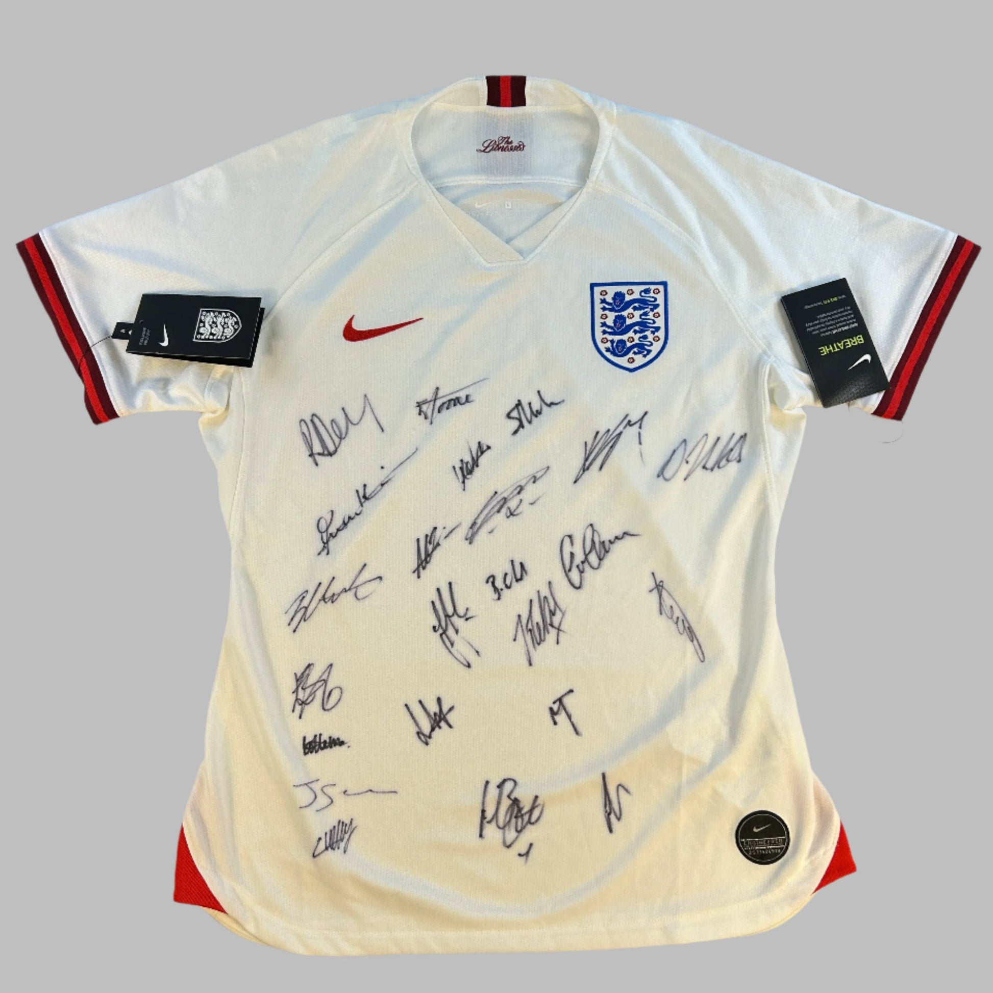 England Lioness 2020 Signed Home Shirt. The squad have signed the shrt on the front.