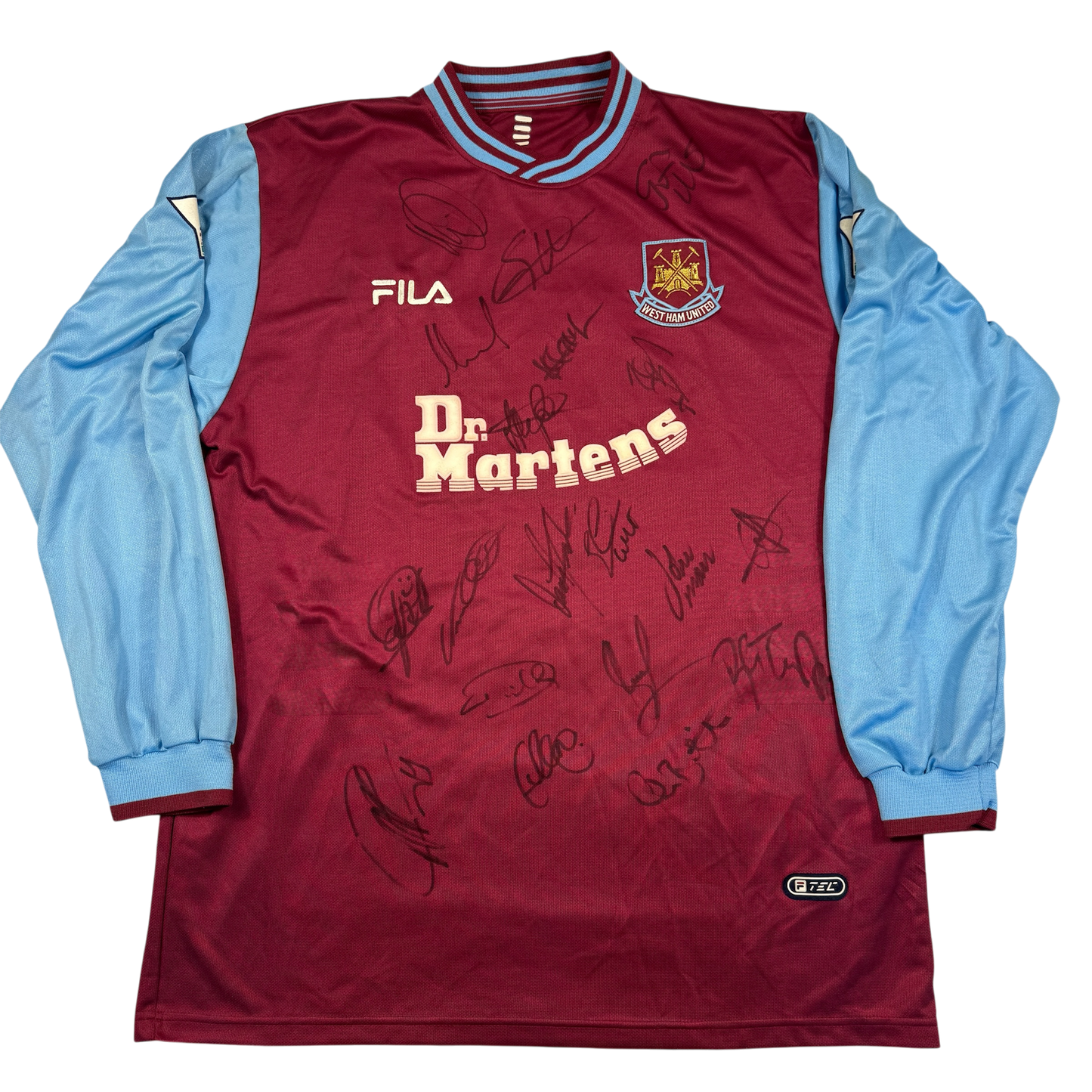 Maroon sports jersey with blue sleeves, signed by multiple people, on a white background.