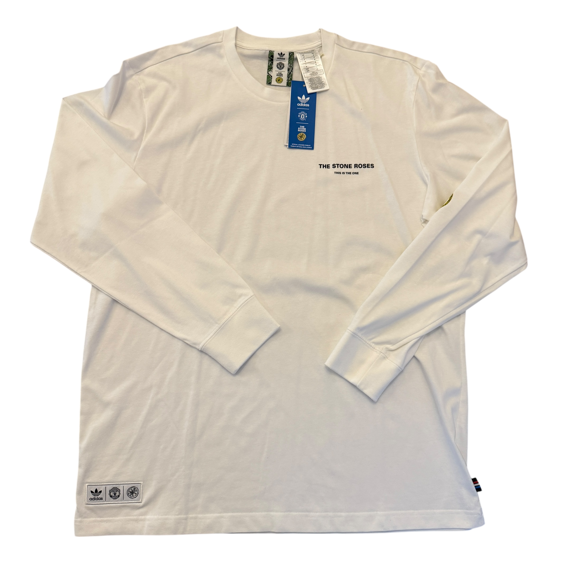 White Manchester United Stone Roses Long Sleeve T-Shirt with brand logos on a white background
