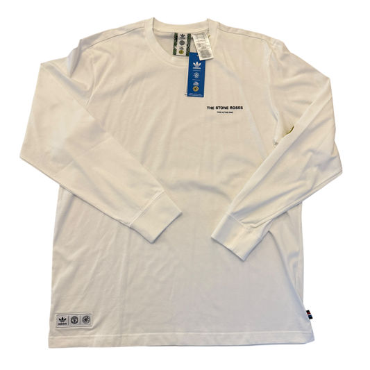 White Manchester United Stone Roses Long Sleeve T-Shirt with brand logos on a white background