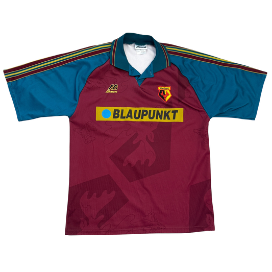 Maroon and blue sports jersey with Blaupunkt logo. The Watford 1995/1996 Away Shirt front