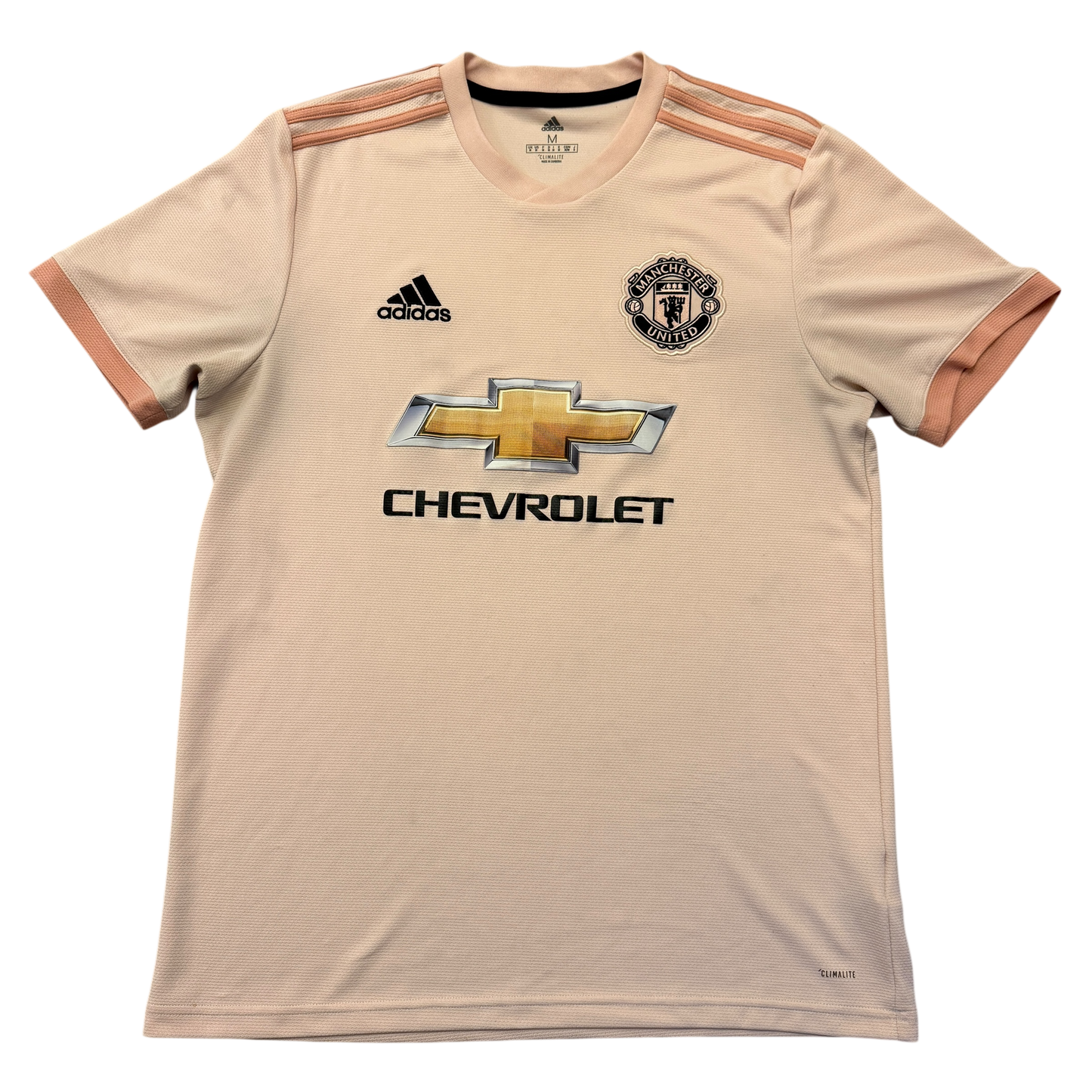 Pink Manchester United 2018/2019 Away Shirt with Adidas and Chevrolet logos on a white background (medium)