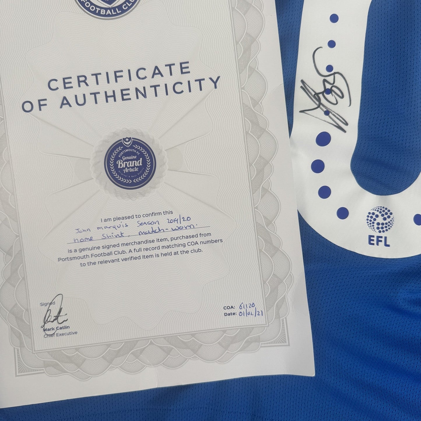 MARQUIS 10 Portsmouth 2019/2020 Home Football Shirt Match Worn Signed Medium COA