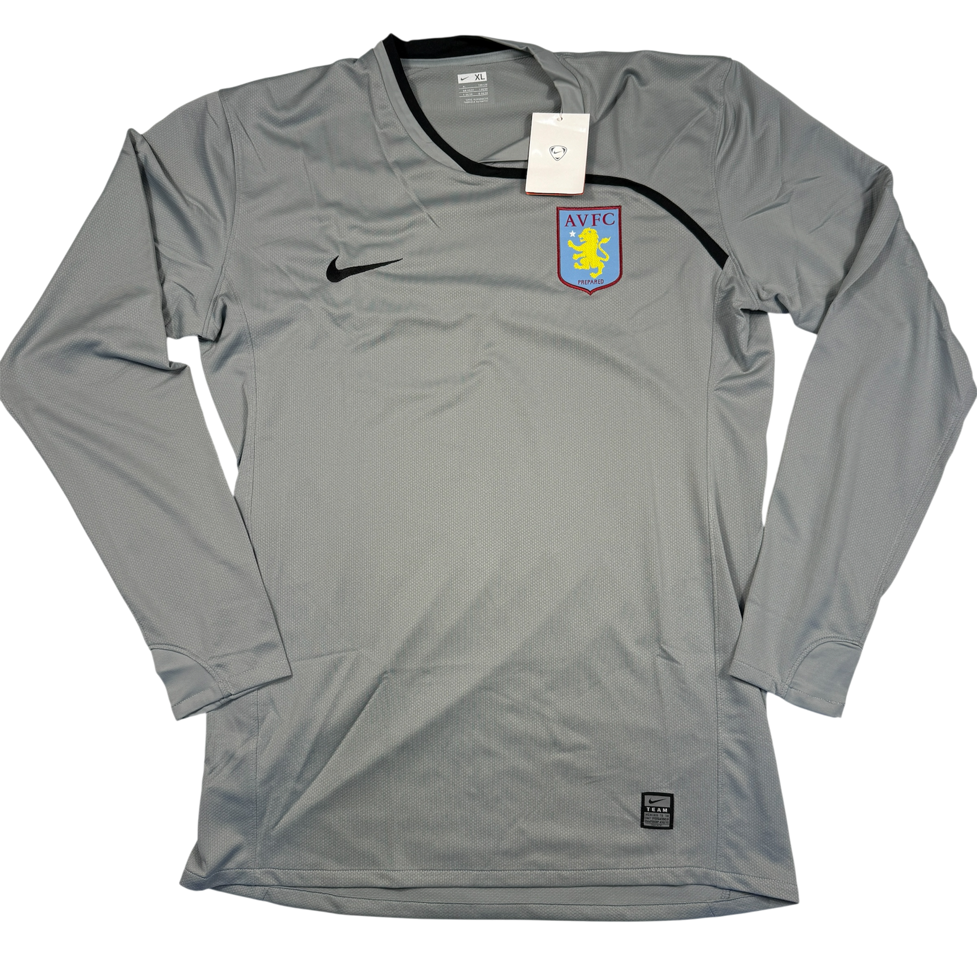 Gray long-sleeve sports jersey with Nike and Aston Villa FC logos on a white background