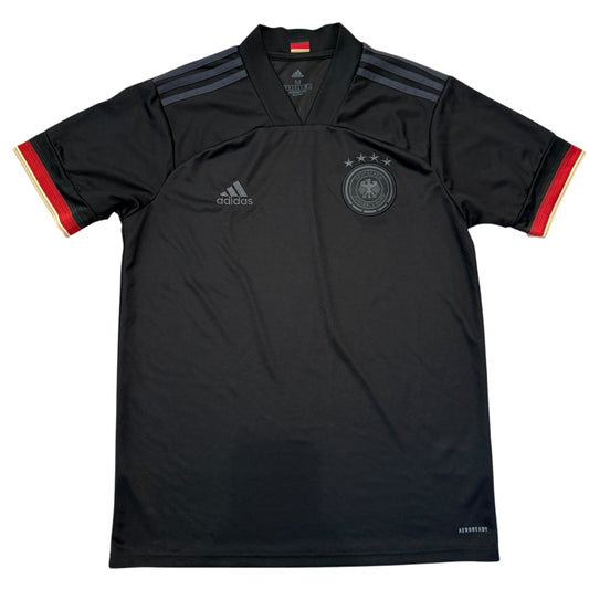 Black sports jersey with Adidas logo and German emblem. The Germany 2020 Away Shirt 