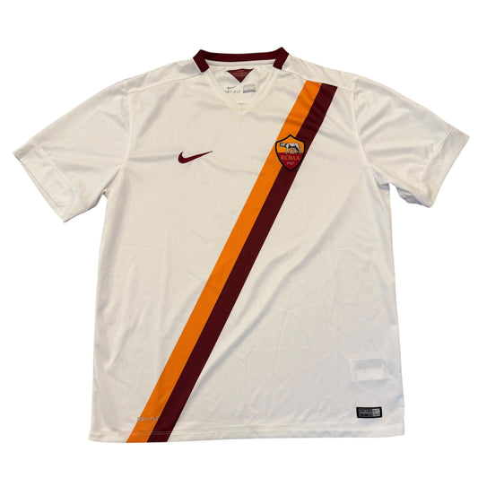 White sports jersey with orange and maroon accents on a white background, the Roma 2014/2015 Away Shirt