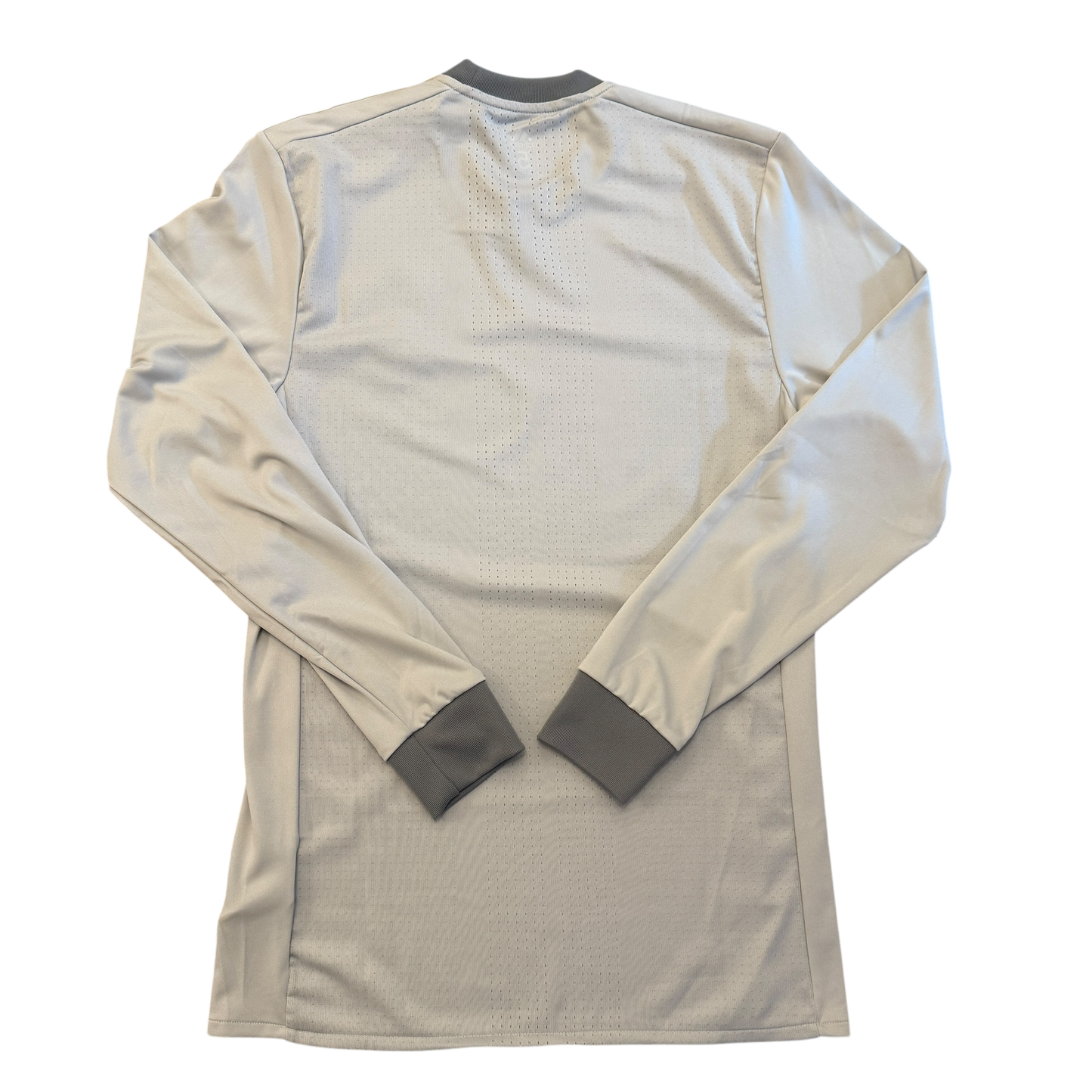 Grey long-sleeve football shirt with grey cuffs on a white background