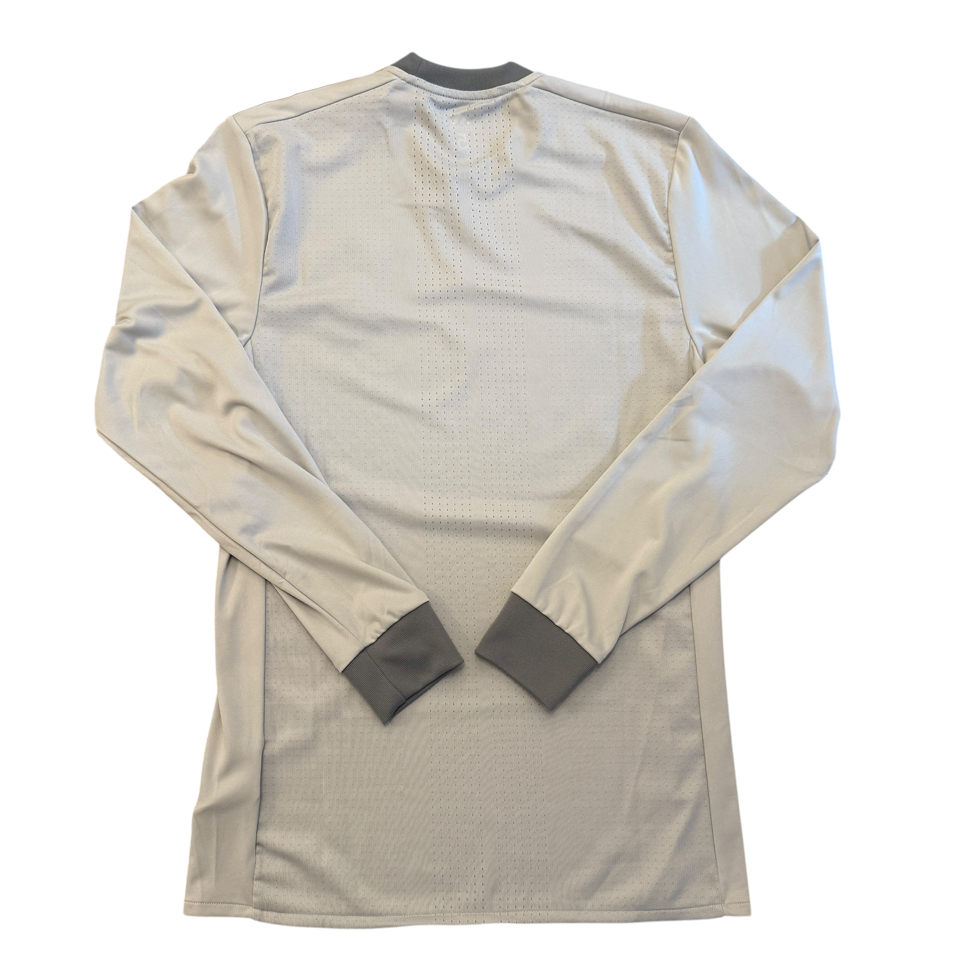 Grey long-sleeve football shirt with grey cuffs on a white background