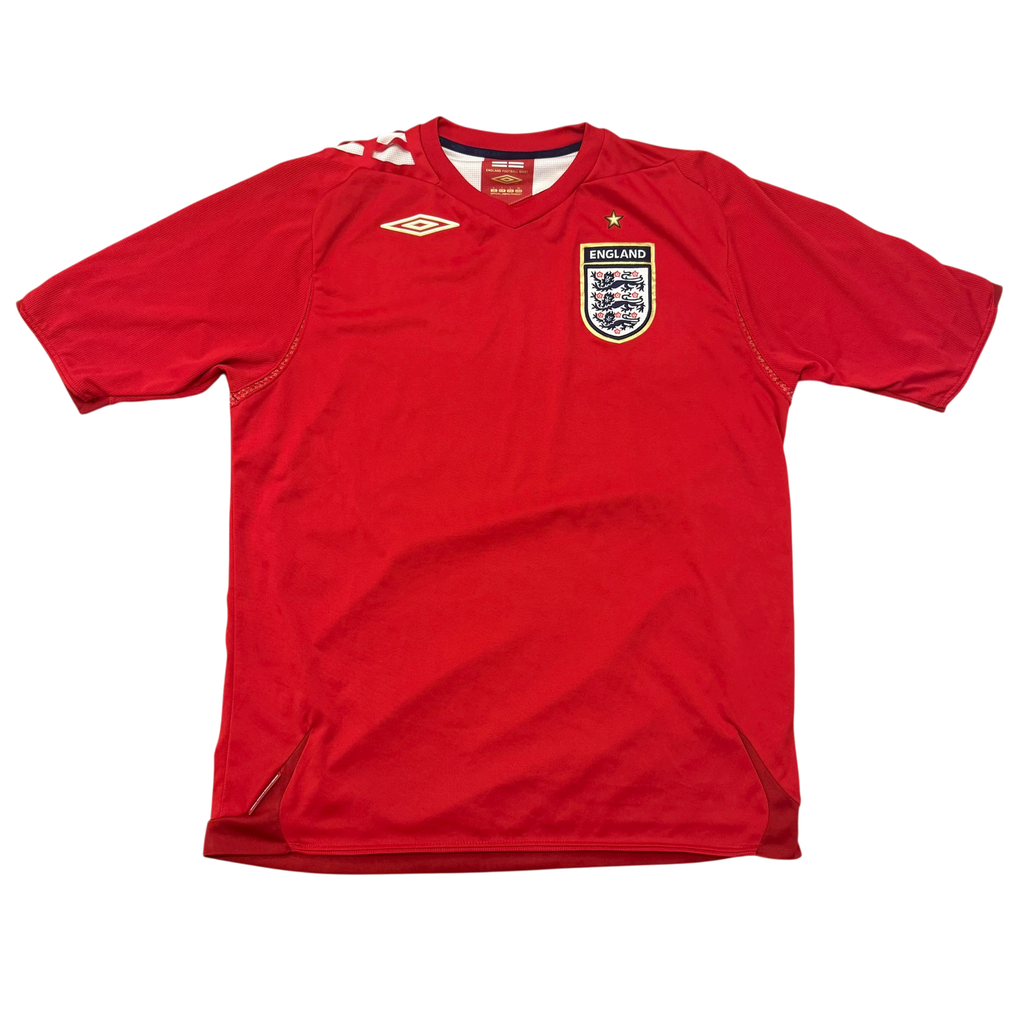 Red sports jersey with a logo on a white background the England 2006 Away Shirt 