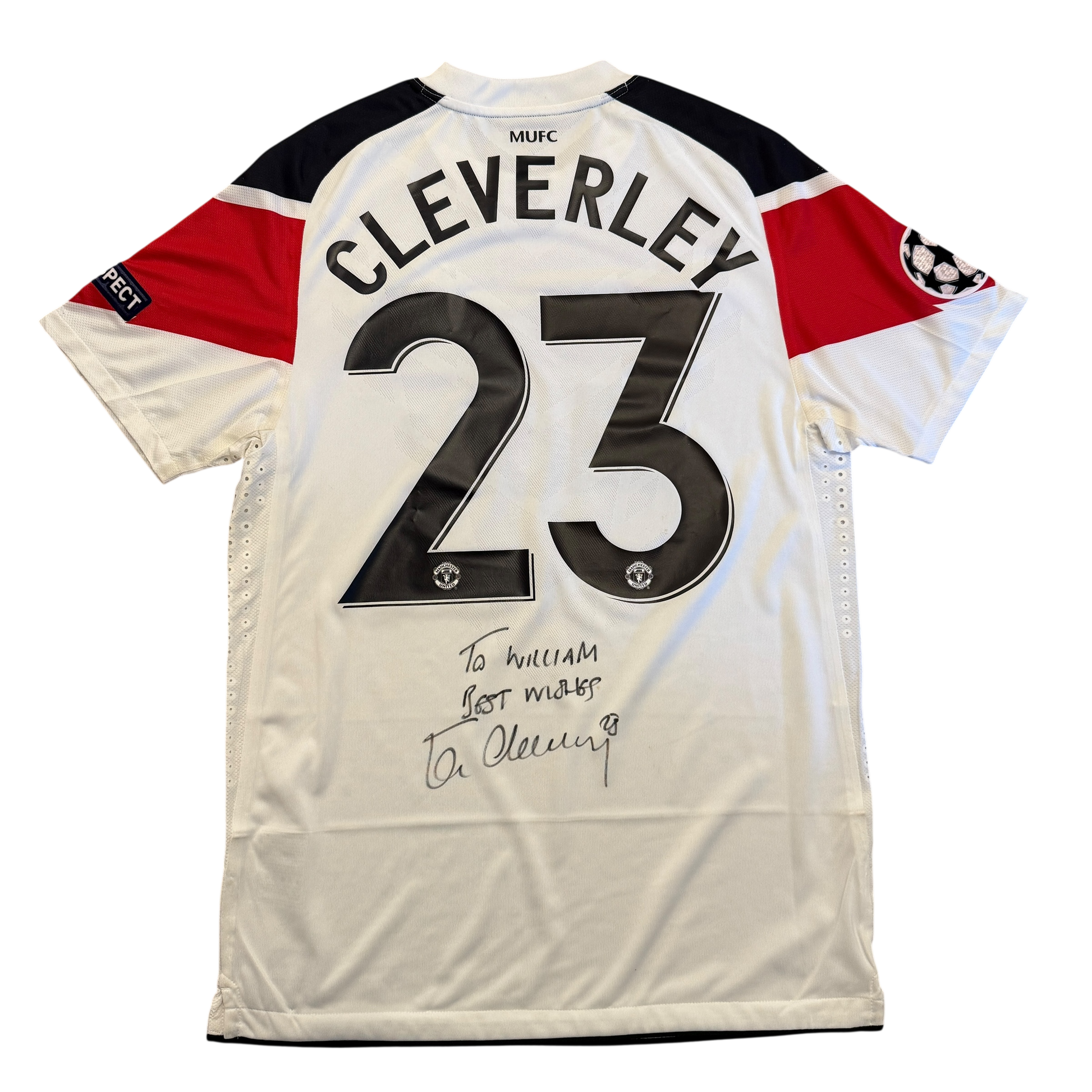 Manchester United 2010/2011 Player Issue Away Shirt back with CLEVELEY 23 print and Champions League sleeve patches