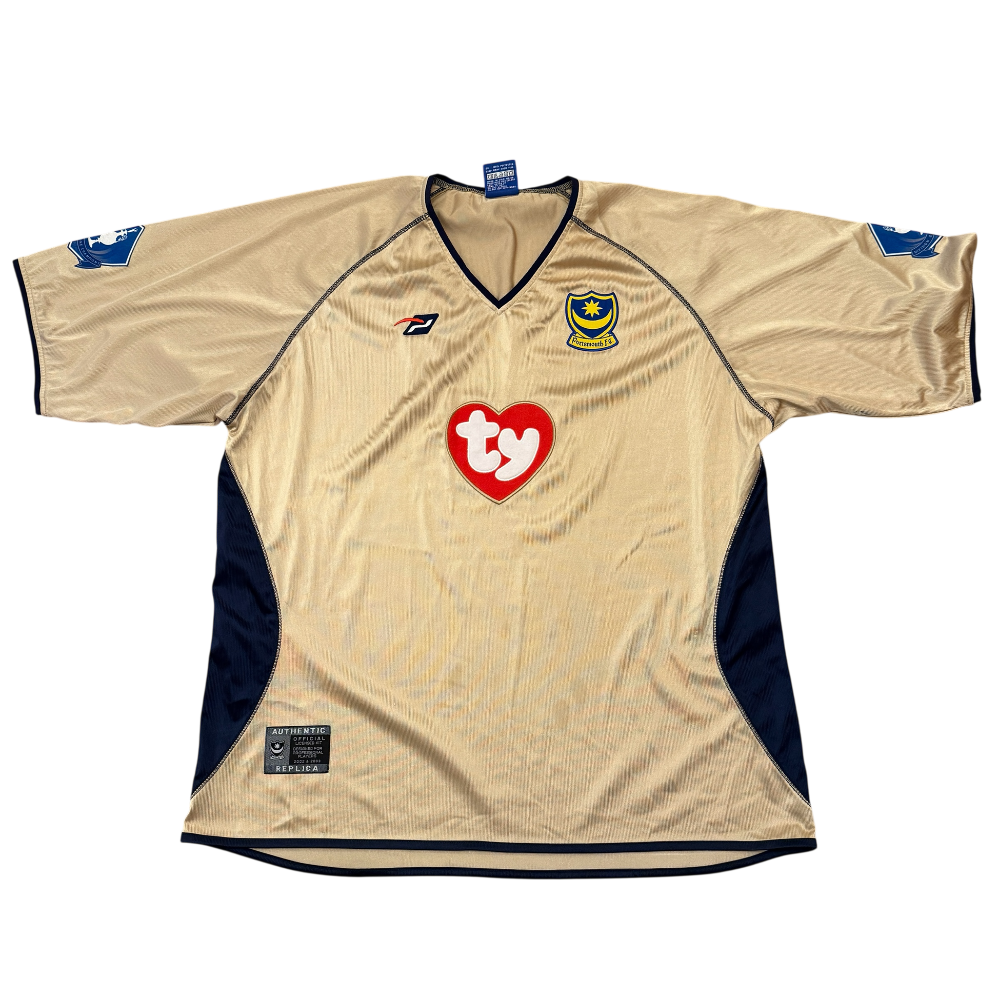 Portsmouth 2002/2003 Away Shirt - a gold shirt with red TY sponsor on the front in a heart shape
