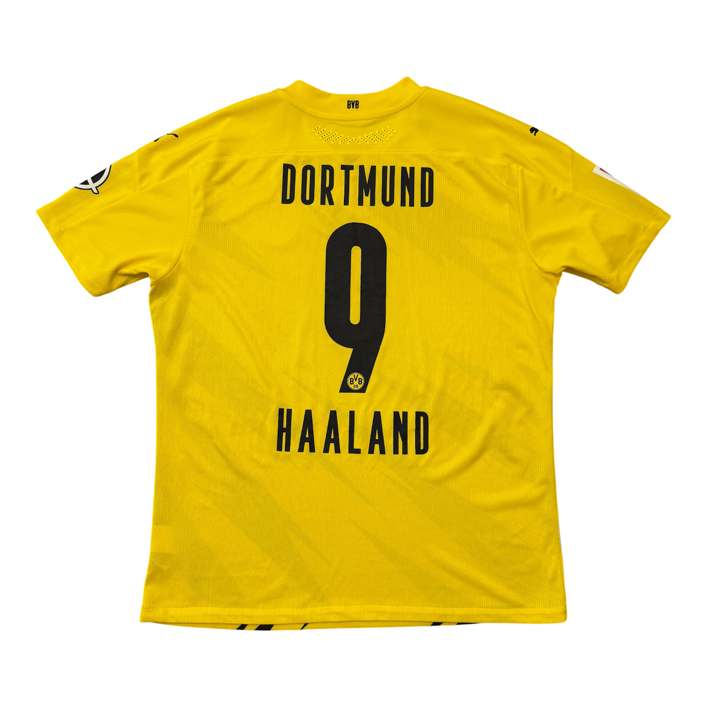 Yellow Dortmund 2020-21 Match Worn Home Shirt with the name DORTMUND and player number 9 HAALAND printed in black on the back.