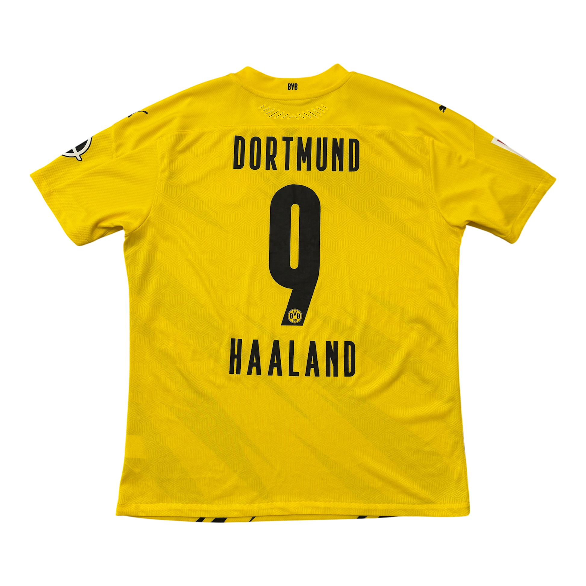 Yellow Dortmund 2020-21 Match Worn Home Shirt with the name DORTMUND and player number 9 HAALAND printed in black on the back.