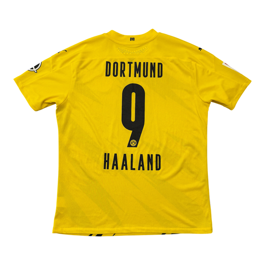 Yellow Dortmund 2020-21 Match Worn Home Shirt with the name DORTMUND and player number 9 HAALAND printed in black on the back.