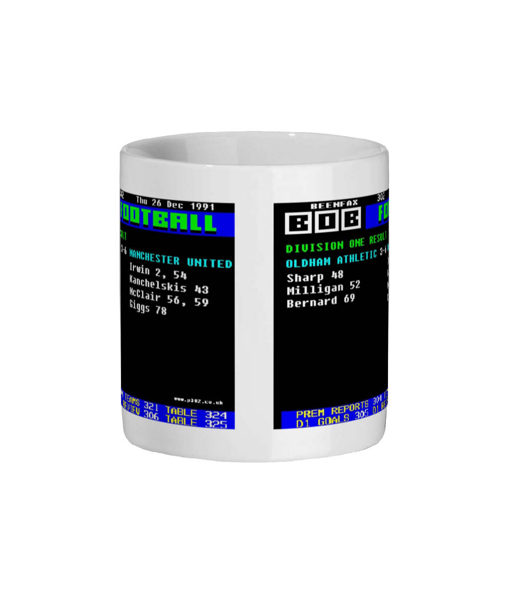 Oldham 3- 6 Manchester United FA Cup Semi Final 1991 Ceefax Style Mug