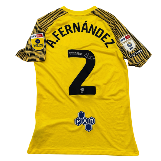 Yellow Preston North End 2022/2023 Match Worn Away jersey with 'A. Fernández' and number '2' on a white background