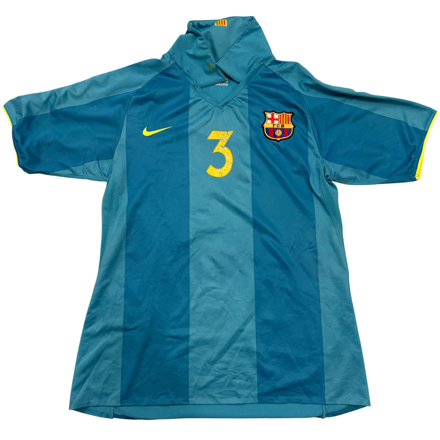Blue sports jersey with number 3 and club logo on a white background Barcelona 2007/2008 Player Issue Away Shirt - No 3 print