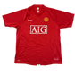 Red Manchester United 2007/2008 Home jersey with AIG logo and Manchester United emblem on a white background