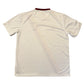 White t-shirt with maroon collar on a white background