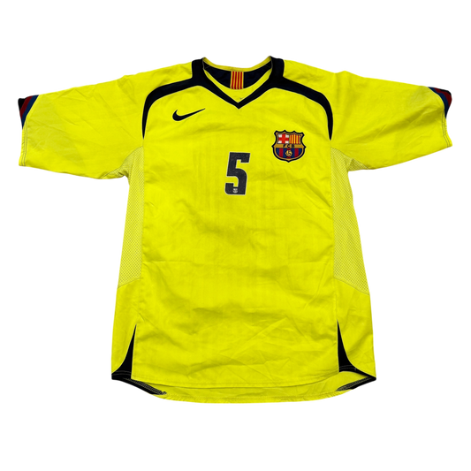 Yellow soccer jersey with number 5 and Barcelona logo - the Barcelona 2005-2006 Away Shirt