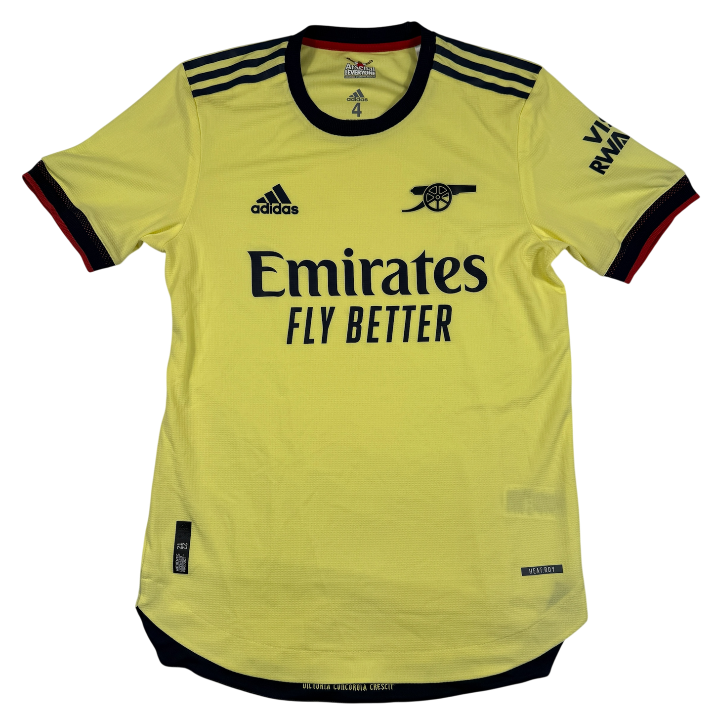 Yellow Arsenal 2021/22 away jersey with Adidas and Arsenal branding on a white background