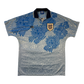 Blue England 1992 Player Issue Third jersey with blue patterns and a logo on a white background