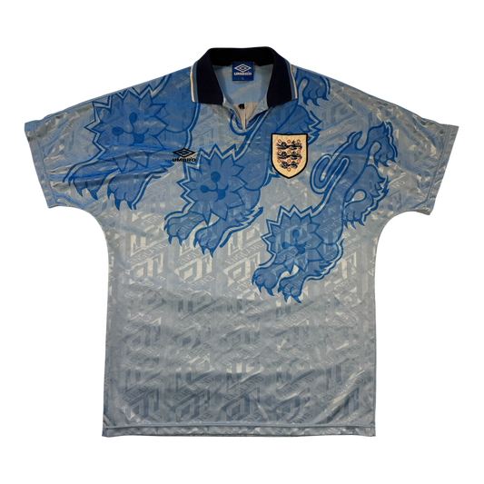 Blue England 1992 Player Issue Third jersey with blue patterns and a logo on a white background