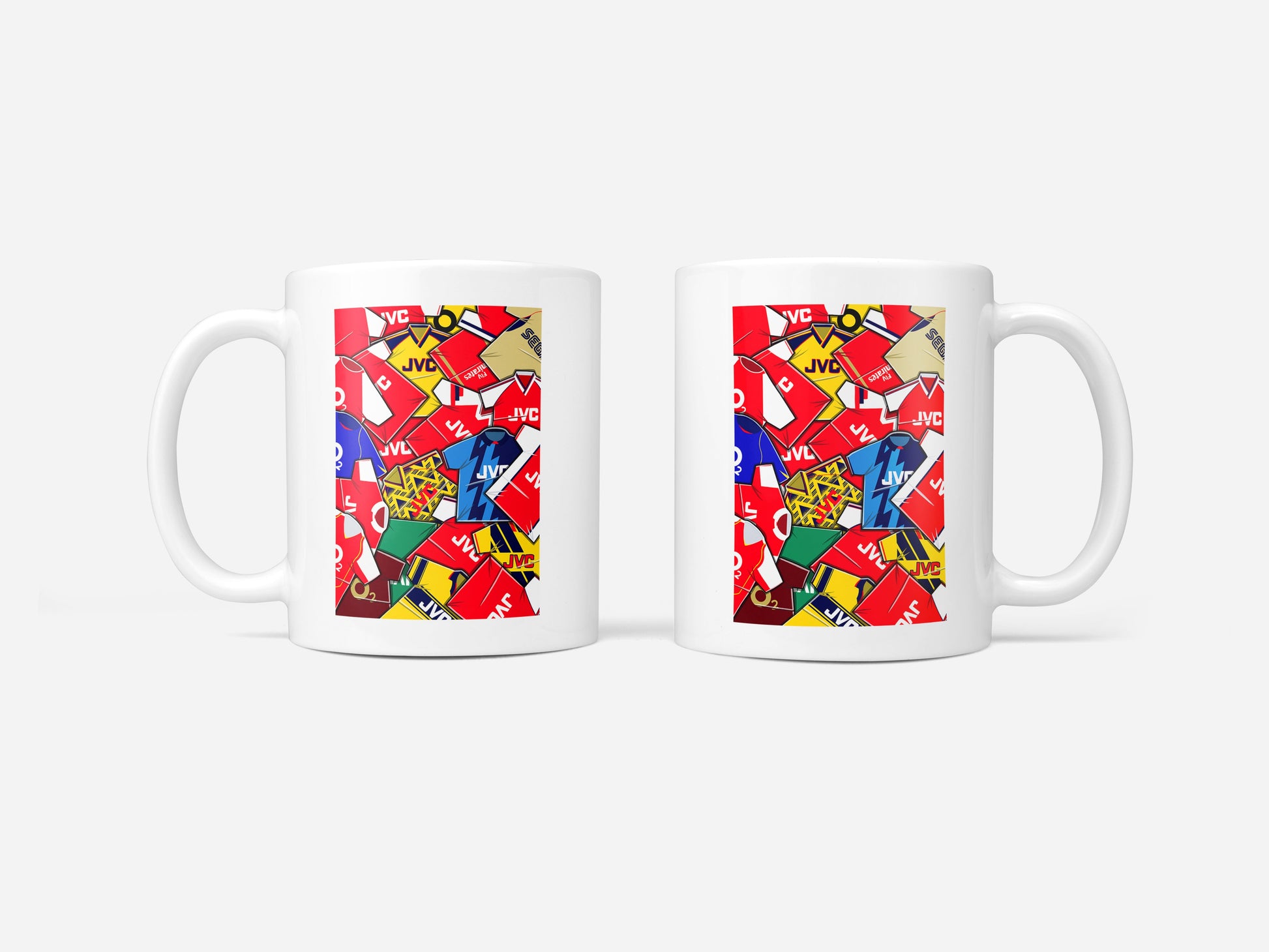 White ceramic mug featuring a colourful collage of classic Arsenal football shirts in a retro mashup design.