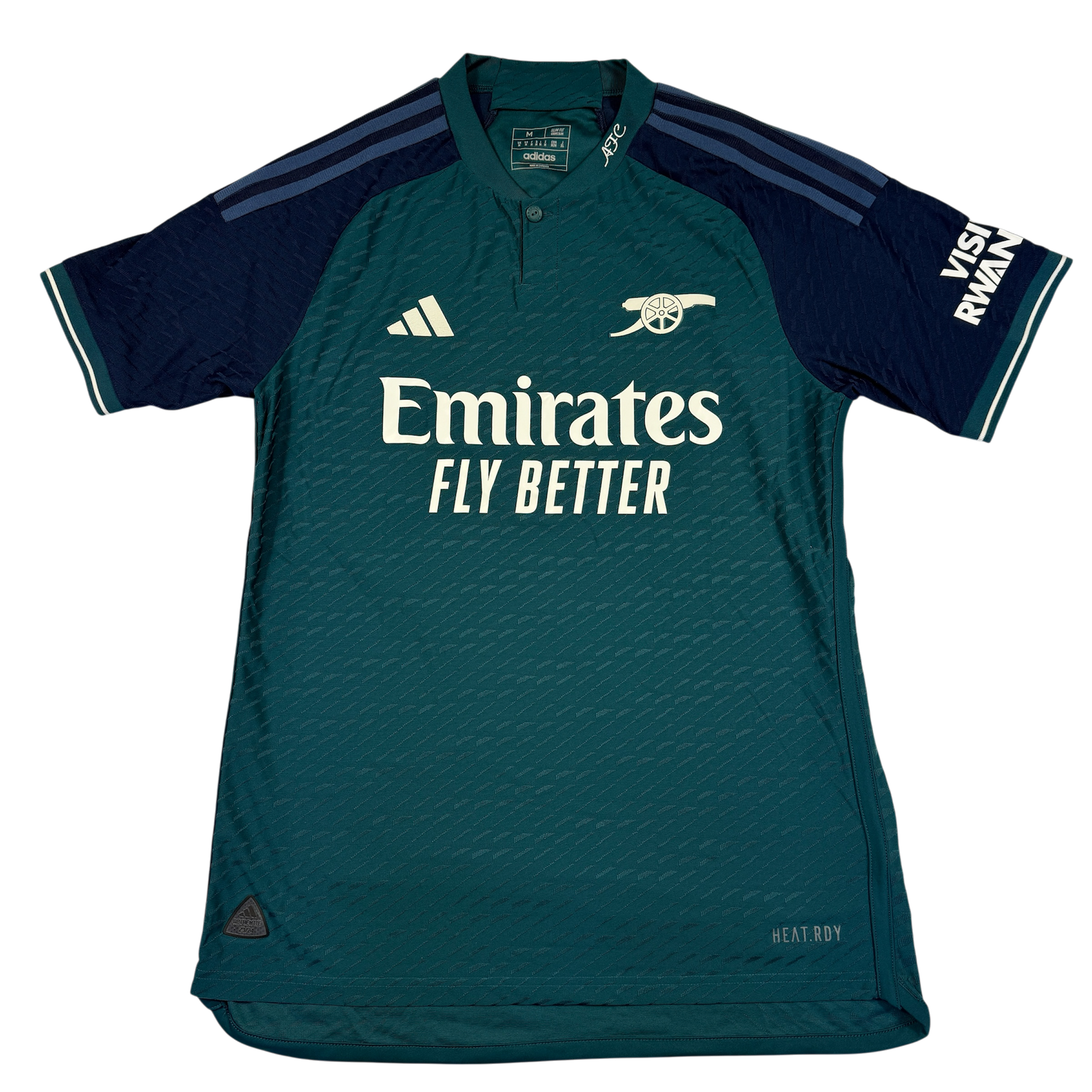 Green Arsenal 23/24 away player issue jersey with Emirates branding on a white background