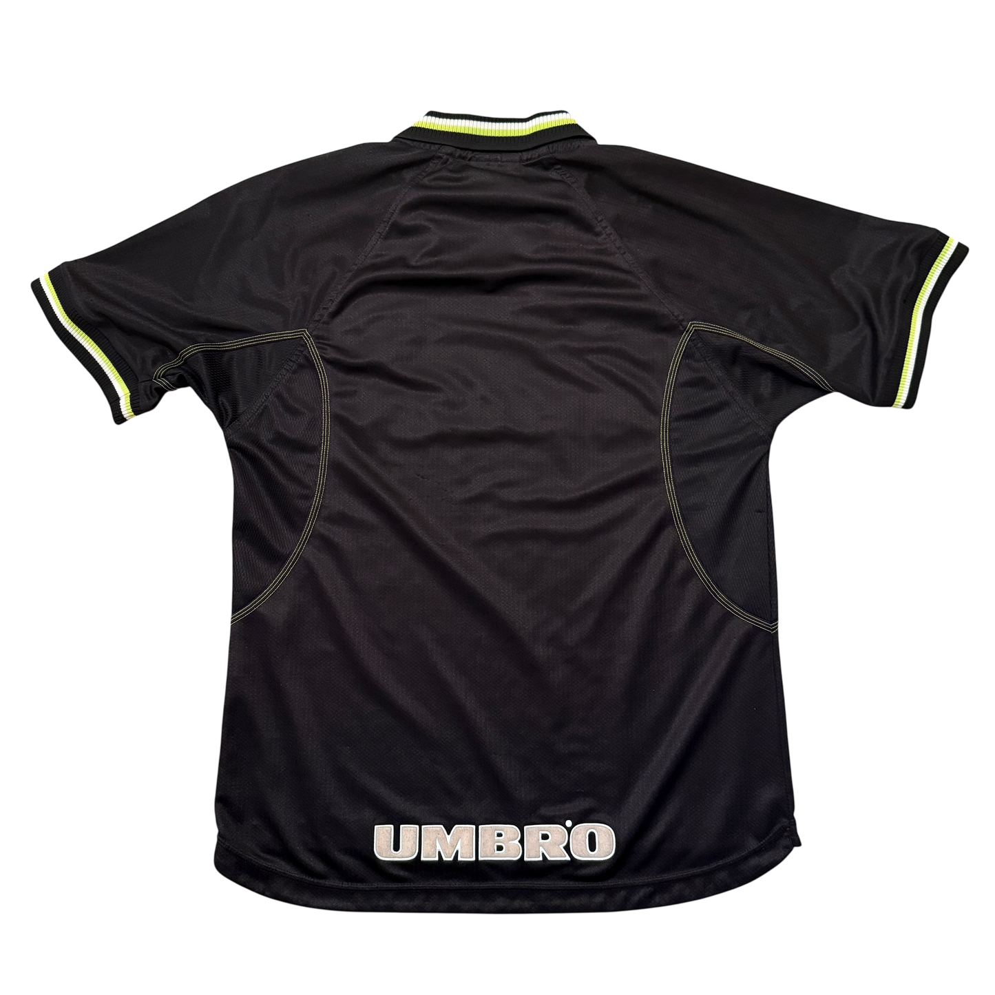 Black sports jersey with yellow trim on a white background, featuring the Umbro brand.