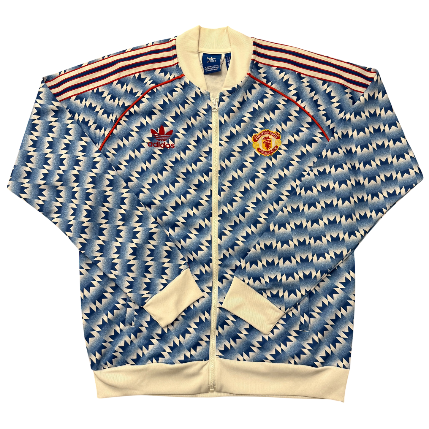 Blue and white patterned Manchester United Class Of 92 Jacket with Adidas logo on a white background