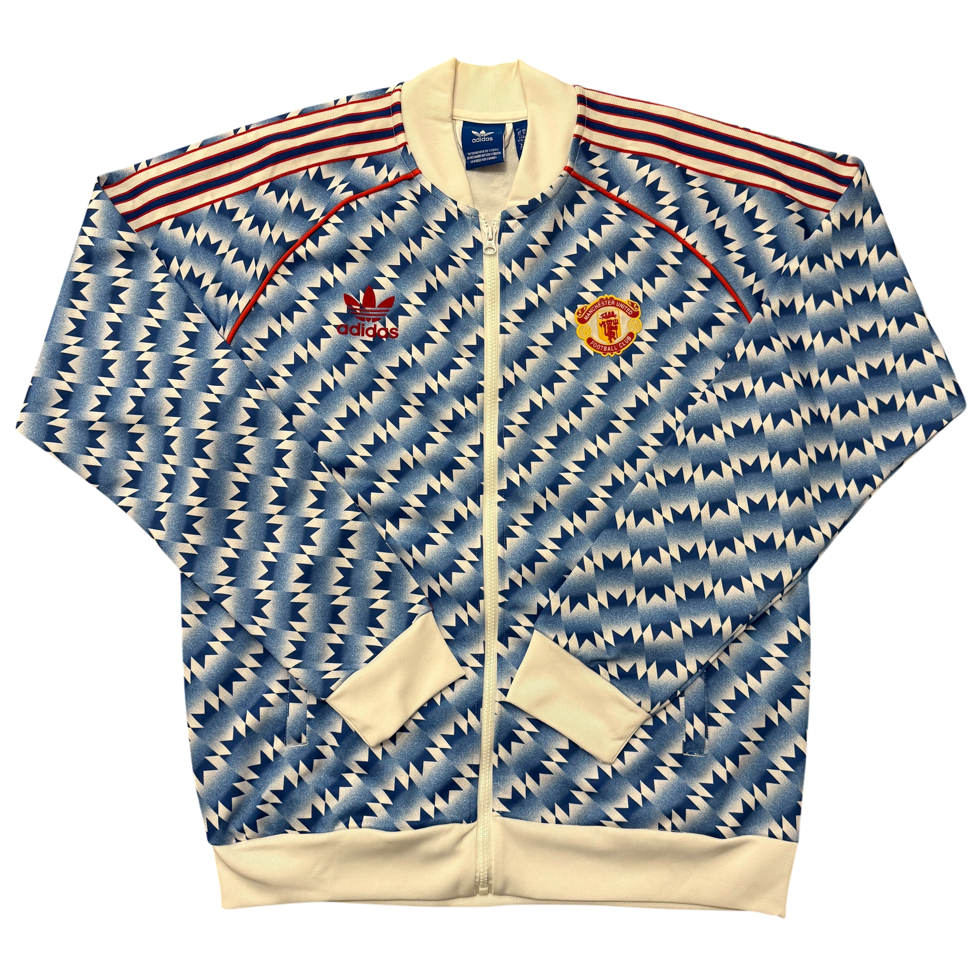 Blue and white patterned Manchester United Class Of 92 Jacket with Adidas logo on a white background