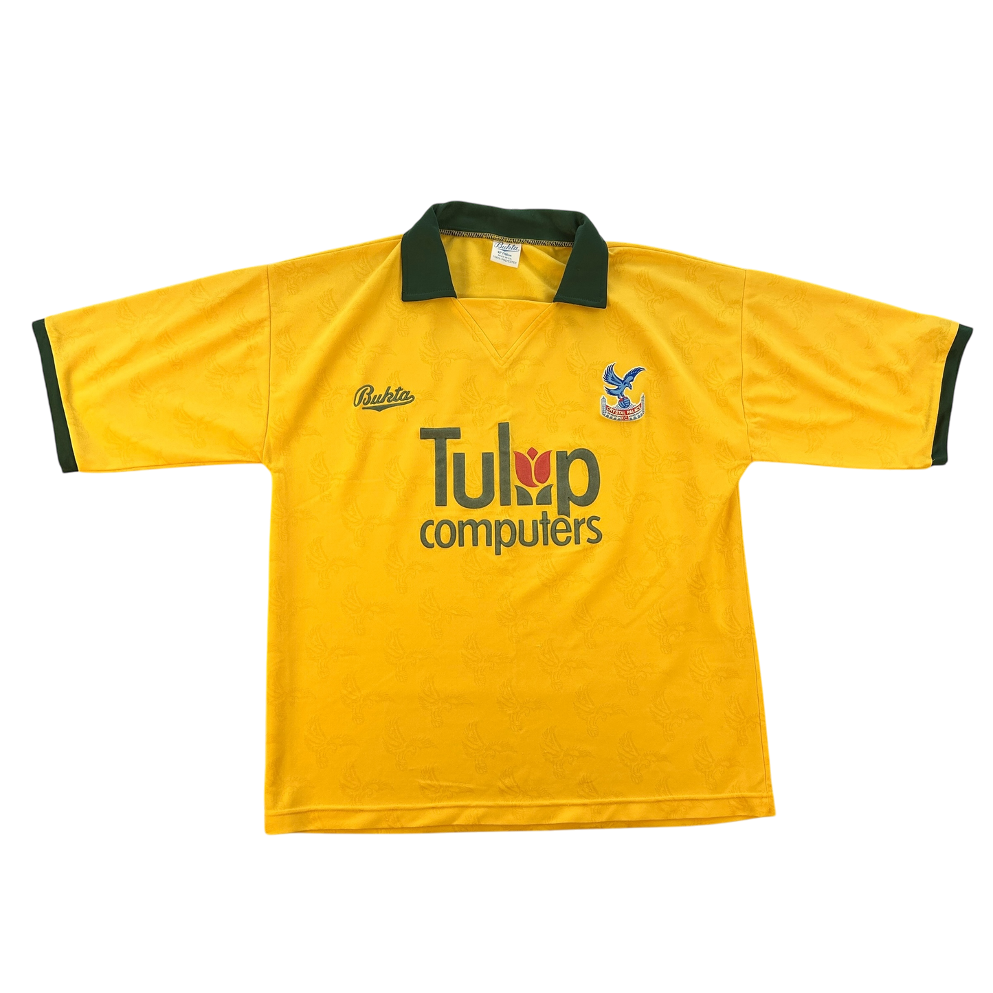 Crystal Palace 1991-1992-1993 Away Shirt Front. A yellow shirt with Tulip Computers sponsor and a dark green collar. 