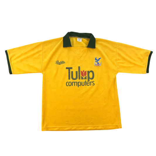 Crystal Palace 1991-1992-1993 Away Shirt Front. A yellow shirt with Tulip Computers sponsor and a dark green collar. 