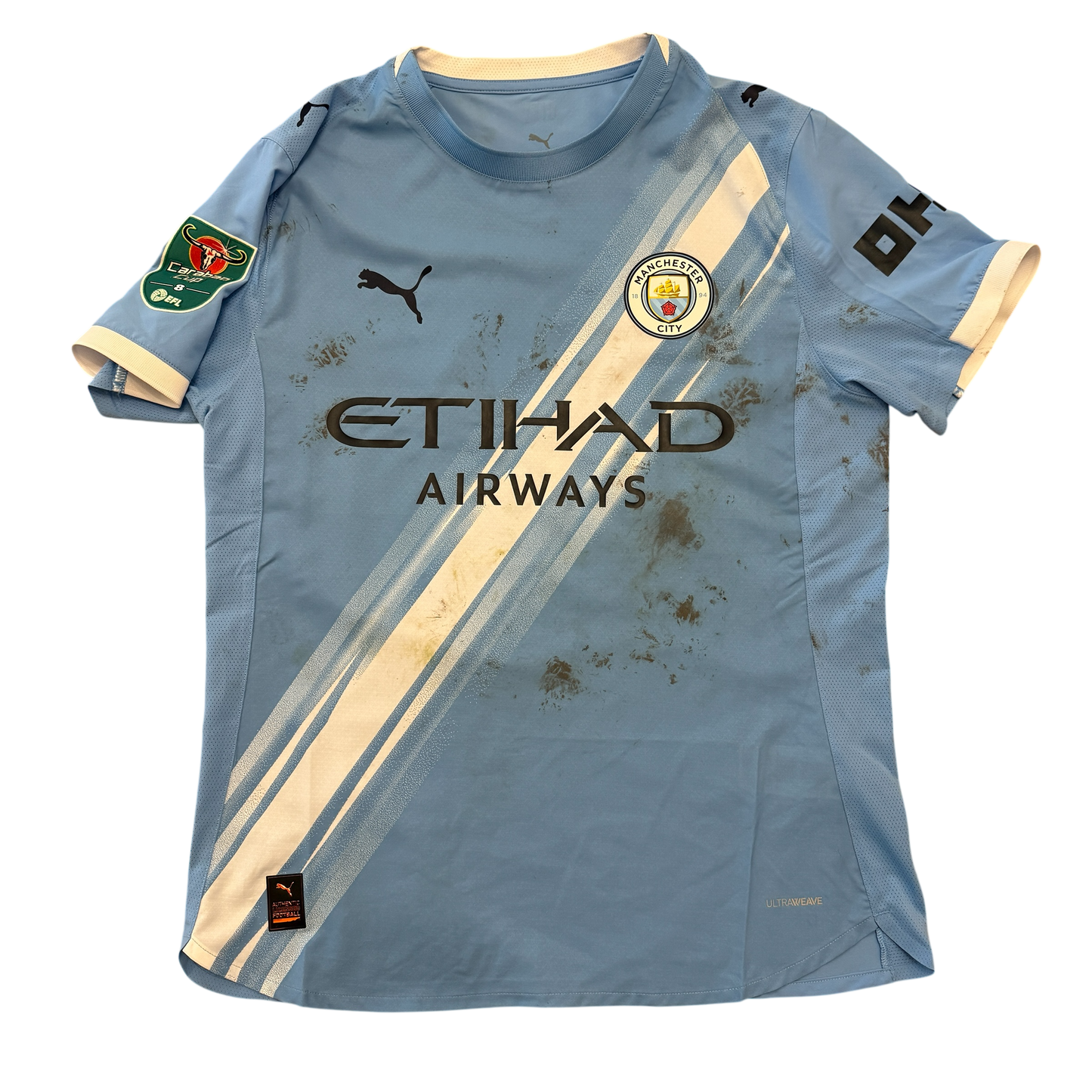 Manchester City 2025-2026 Match Worn Home front of the shirt with white sash on a sky blue shirt