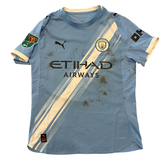 Manchester City 2025-2026 Match Worn Home front of the shirt with white sash on a sky blue shirt