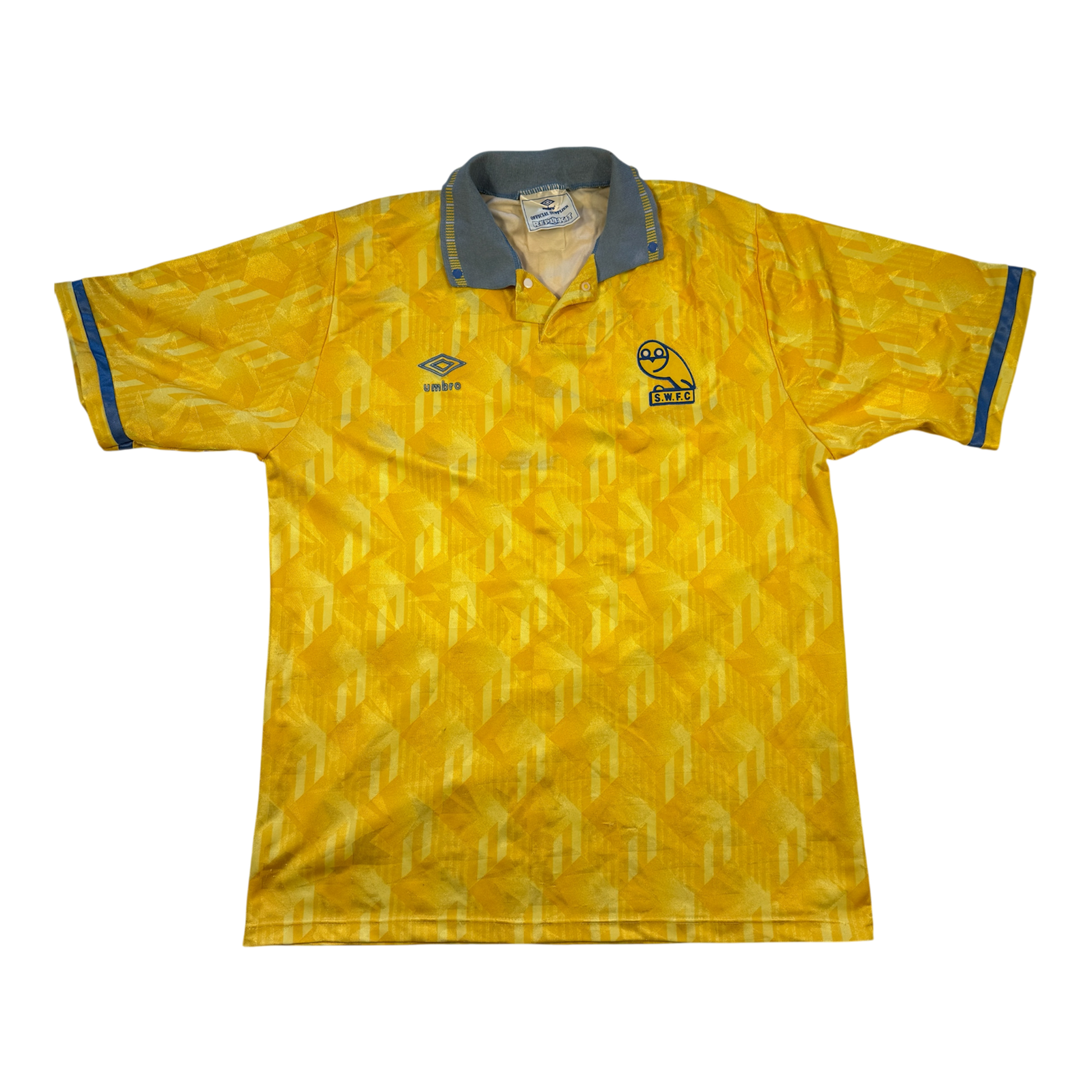 Yellow Sheffield Wednesday 1990/91 Away Shirt with a pattern on a white background