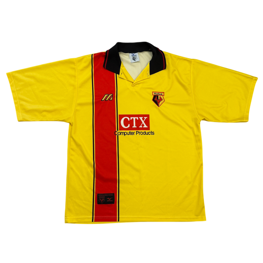 Yellow sports jersey with red stripe and 'CTX' logo.. The Watford 1997/1998 Home Shirt