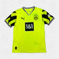 Bright yellow sports jersey with black and white design on a white background