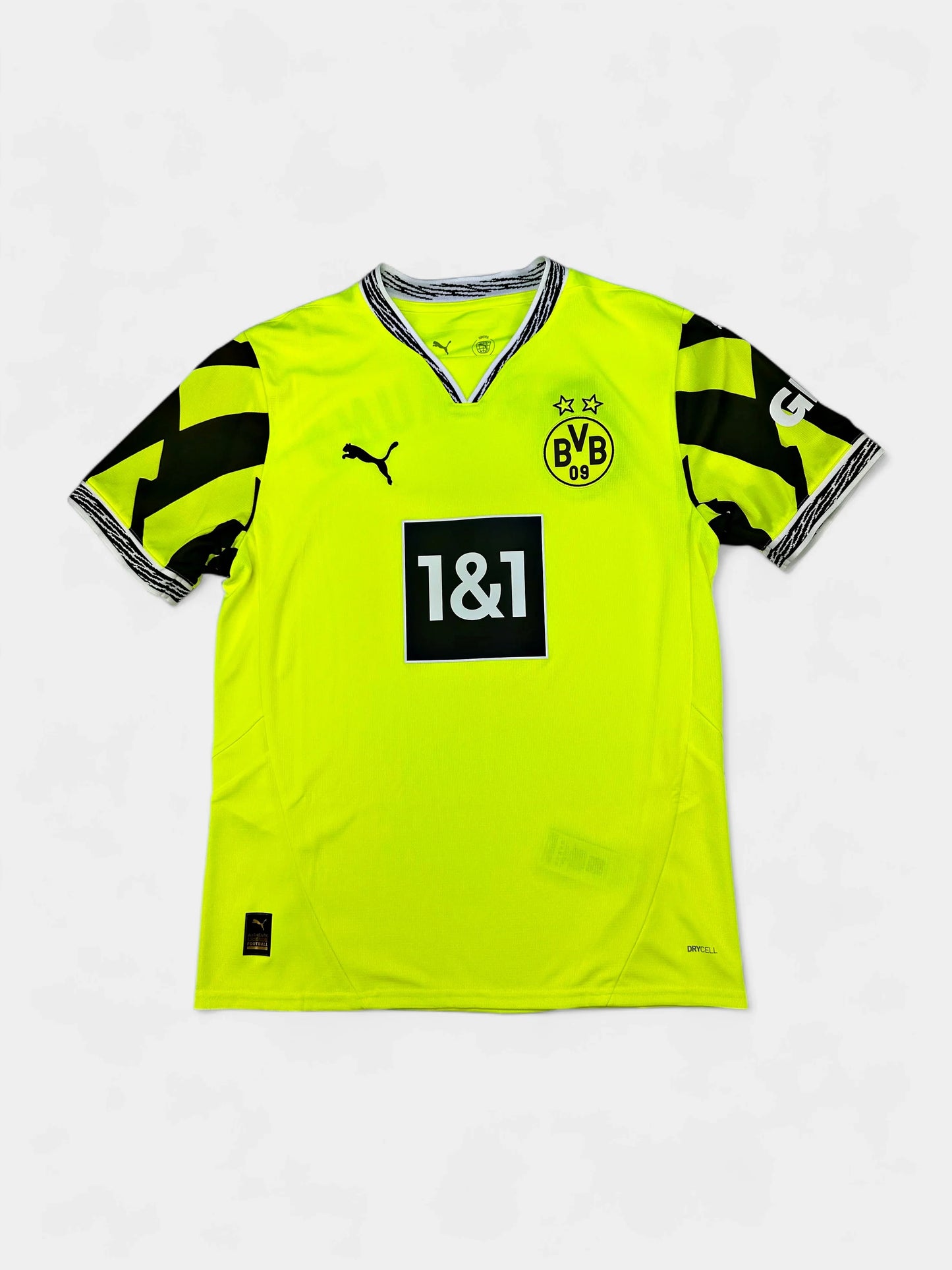 Bright yellow sports jersey with black and white design on a white background