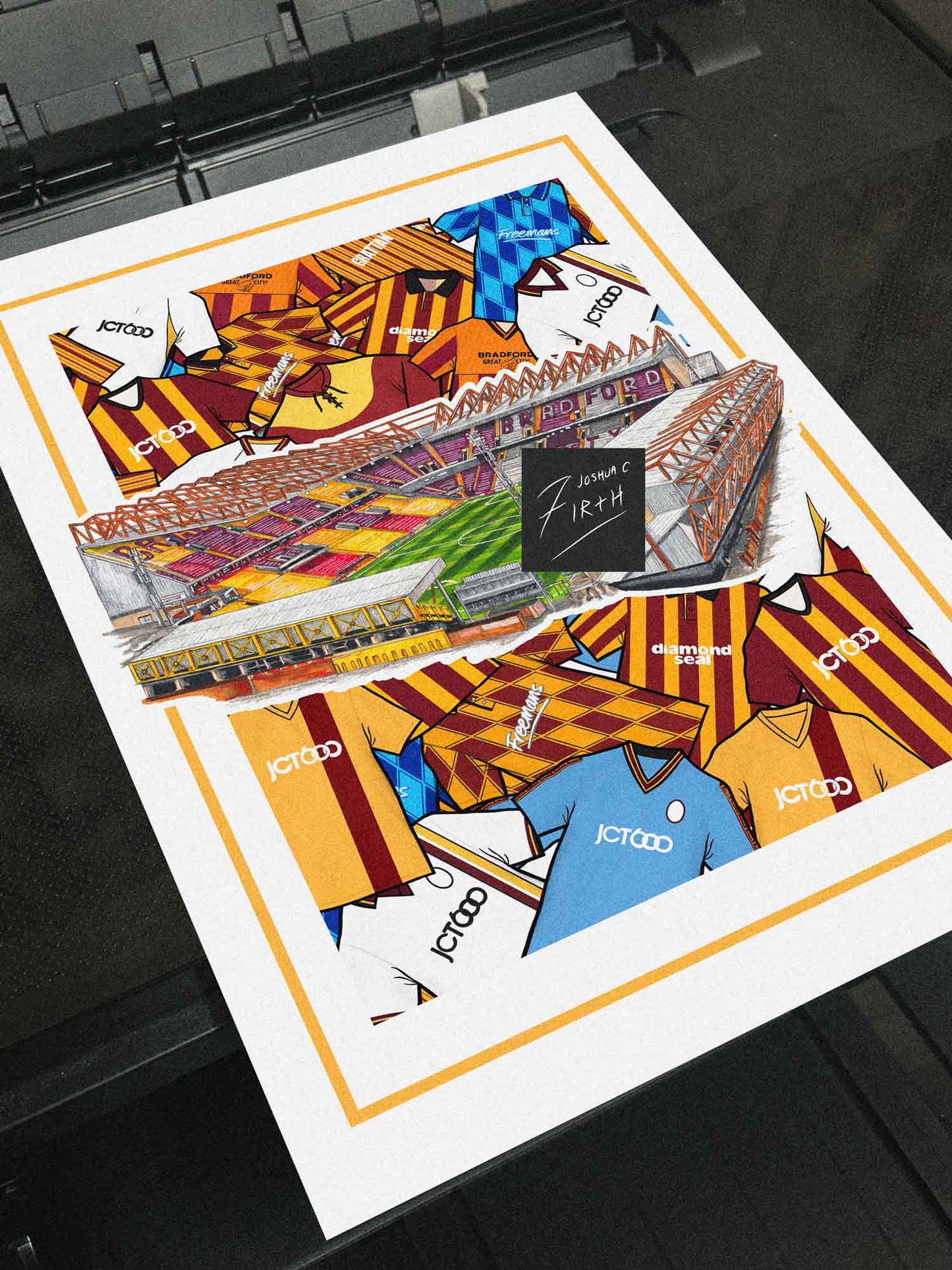 Bradford Kit Collage Retro Shirts & Stadium Football Print