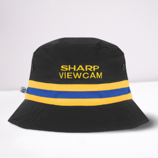 A black bucket hat with yellow and blue stripes inspited by the Manchester United 1994 away shirt