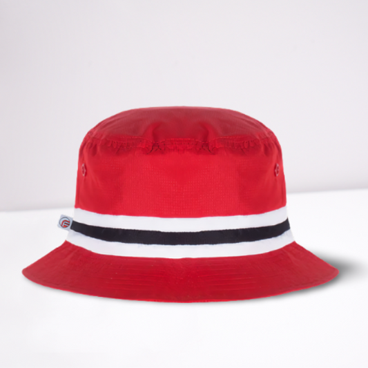 Red bucket hat with a white and black band on a light gray background